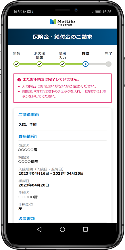 入力内容の確認画面