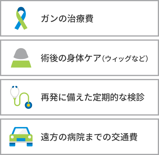 ガンの治療費 再発に備えた定期的な検診 術後の身体ケア（ウィッグなど） 遠方の病院までの交通費