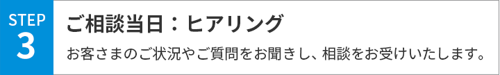 ご相談当日：ヒアリング　お客さまのご状況やご質問をお聞きし、相談をお受けいたします。